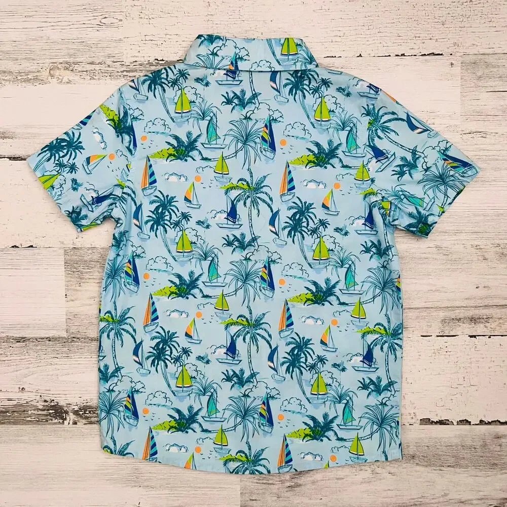 Andy & Evan Boys 4T Hawaiian Shirt Blue Sailboat Palm Tree Vacation